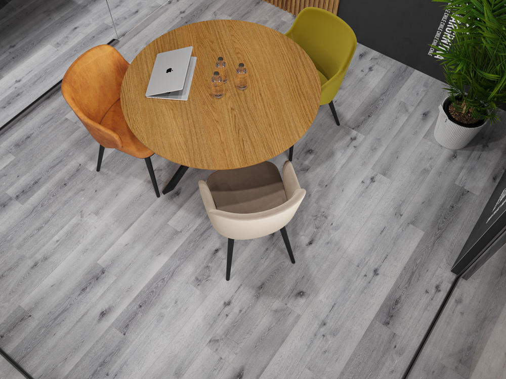 Кварцвиниловый SPC ламинат Cronafloor Wood Дуб Серый ZH-82015-8 1200×180×4 фото в интерьере